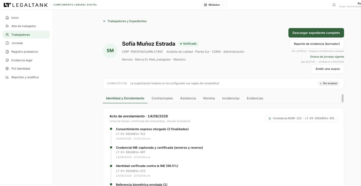 Alta de un trabajador con identidad verificada: línea de tiempo del acto, cotejo biométrico y consentimientos