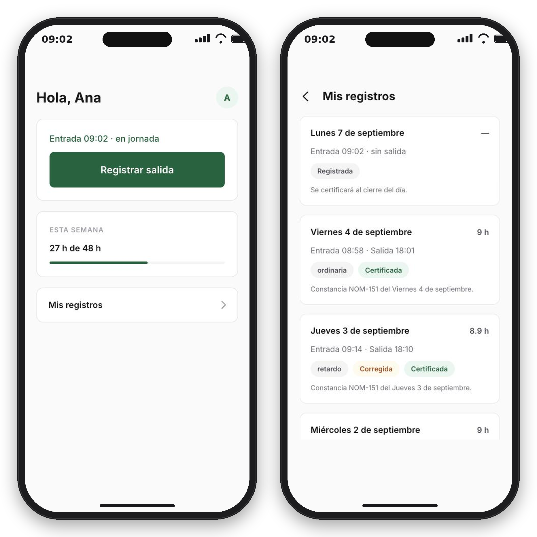 El trabajador registra su entrada y su salida desde el celular, y consulta sus registros