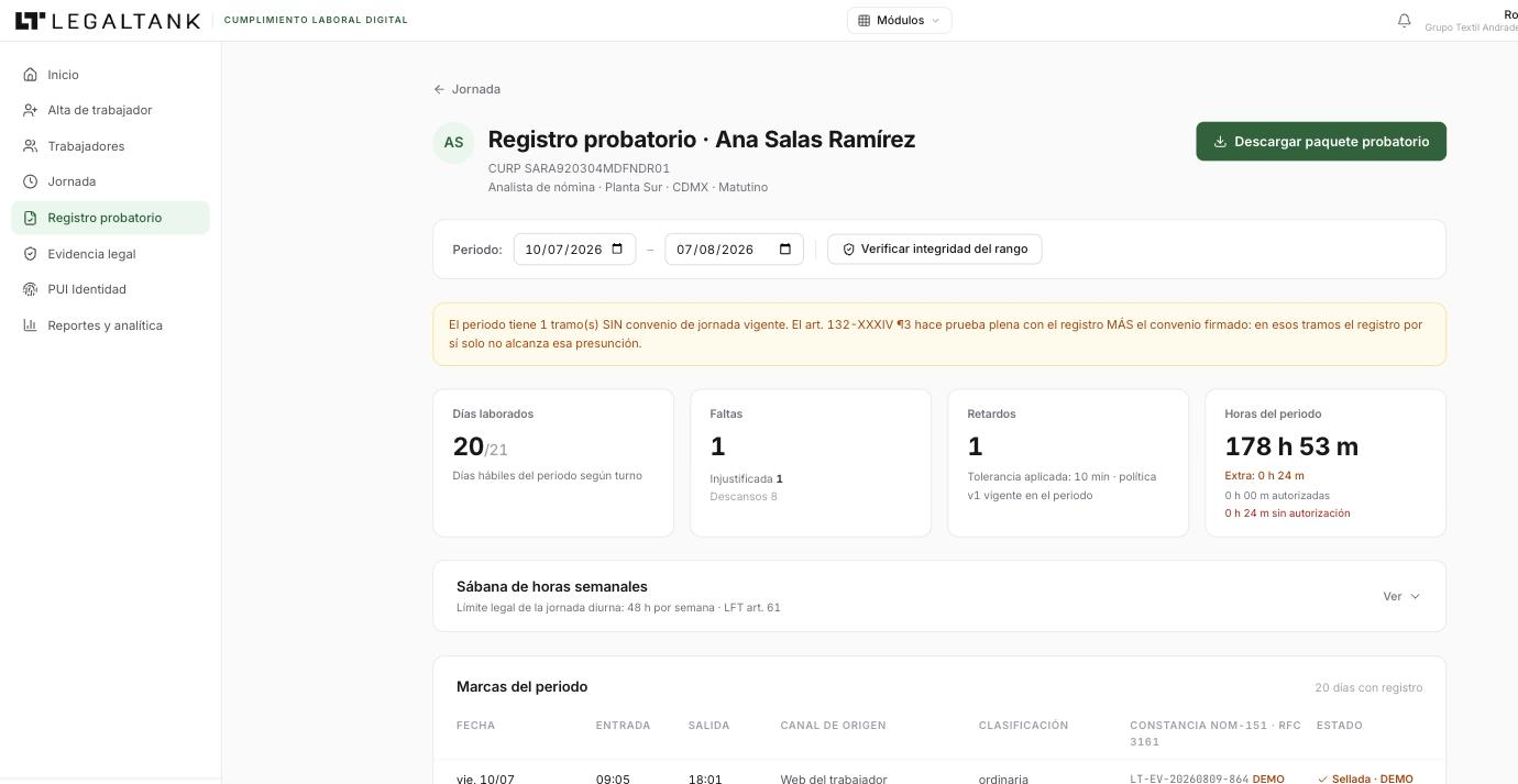 Expediente laboral digital de un trabajador con sus registros del periodo y la descarga del paquete